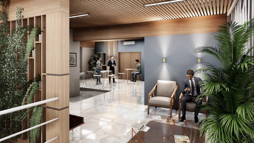 Architectural rendering of a luxury corporate lobby lounge in San Francisco, featuring biophilic elements, a wooden slat ceiling, marble floors, and professionals utilizing high-top tables and comfortable armchairs. This contemporary office or multi-use lobby integrates natural elements through biophilic design, offering both structured standing meeting areas and relaxed, comfortable seating. Featuring rich wood accents on the ceiling and walls, bright polished flooring, and lush indoor plants, the space provides a welcoming, high-end atmosphere ideal for quick collaborations and client waiting in a competitive urban setting like San Francisco, CA.