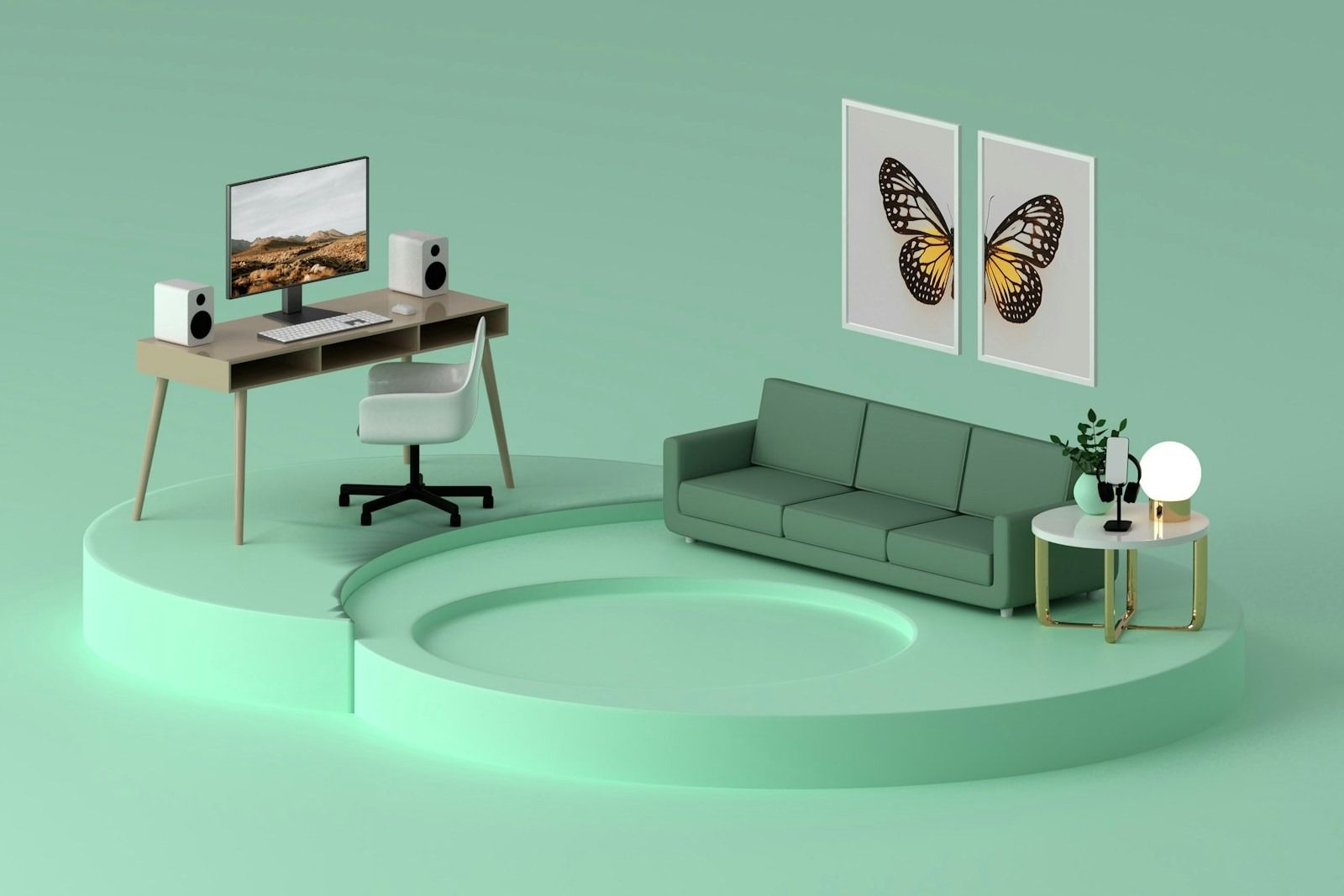 Minimalist 3D rendered interior setup featuring a modern home office desk with a large monitor and white speakers, adjacent to a sage green sofa and butterfly wall art, perfect for remote workers in the San Francisco Mission District looking for clean design inspiration. This conceptual visualization combines functionality and style, offering inspiration for small-space living and dedicated remote work areas. The integrated design features a sleek standing desk setup paired with a comfortable green sofa, suggesting a seamless transition between productivity and relaxation. This modern aesthetic is ideal for homeowners and apartment dwellers in competitive real estate markets like the San Francisco Bay Area who require optimized, stylish living and working environments.