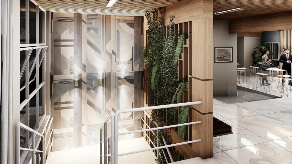 Architectural rendering of a high-end commercial building lobby in the Mission District, San Francisco, showcasing a modern staircase with white railings, a tall interior green wall, and a dramatic Art Deco-inspired geometric wall mural on textured beige and gray walls. This stunning architectural interior captures the essence of modern luxury commercial design, perfectly suited for high-end tenants or residents near the Mission Dolores area of San Francisco. The design emphasizes natural elements through extensive wood paneling and a vibrant integrated green wall, contrasted beautifully by a sleek white marble floor and a dramatic, contemporary geometric wall treatment near the main staircase. The space includes a comfortable, modern seating area, ideal for impromptu meetings or waiting.