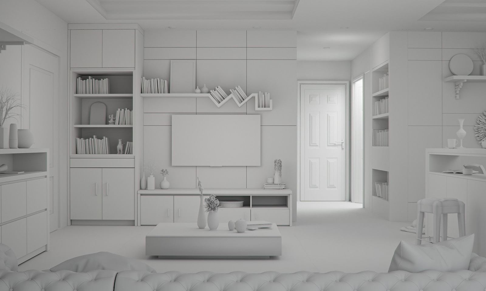 Architectural visualization render of a minimalist, all-white modern living room featuring integrated custom built-in bookshelves, a media console below a television screen, and a large white tufted sofa, depicting contemporary interior design concepts near the Mission District in San Francisco. This visualization captures the essence of modern, clutter-free living, highly valued in upscale San Francisco properties, particularly around the Mission District. The design features extensive, floor-to-ceiling custom built-in shelving and media cabinetry, providing both aesthetic appeal and crucial storage solutions necessary for efficient urban dwelling. This render serves as a perfect example for architects and interior designers planning high-end residential renovations.