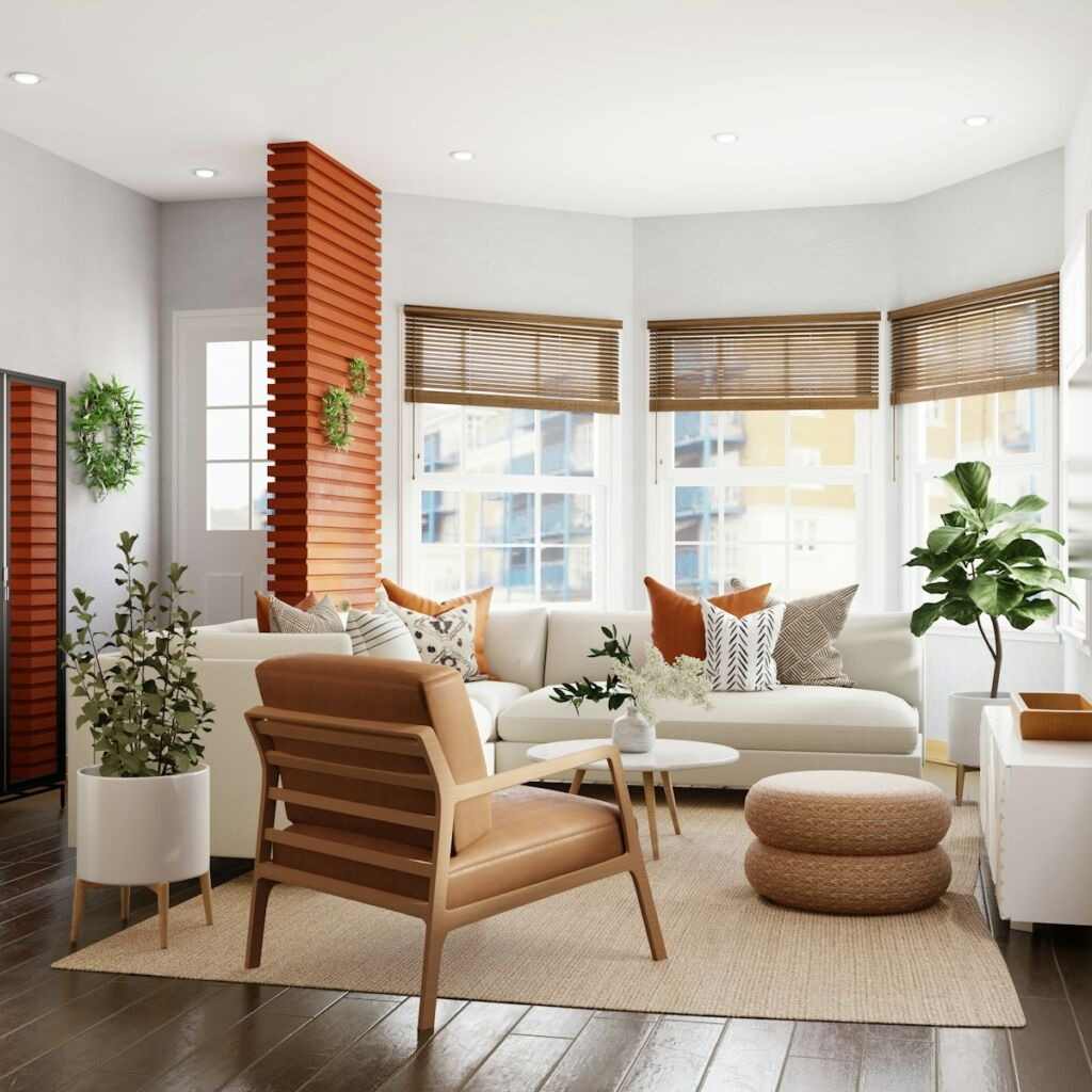 Highly detailed image of a modern bohemian living room located in a San Francisco urban apartment (Lat 37.76 N, Lng -122.41 W). The room features a white L-shaped sectional sofa, a mid-century tan leather armchair, potted indoor plants, and a striking burnt orange slatted accent column near the entrance. This inspiring interior showcases a harmonious blend of warm tones and natural textures, perfectly tailored for urban residences in San Francisco's lively neighborhoods. The design features a large white sectional sofa complemented by a stylish tan leather armchair and a unique, vertical burnt orange wood slat divider. Abundant natural light streams through the bay windows, illuminating the dark hardwood floors and natural fiber rug, defining a cozy yet sophisticated retreat.
