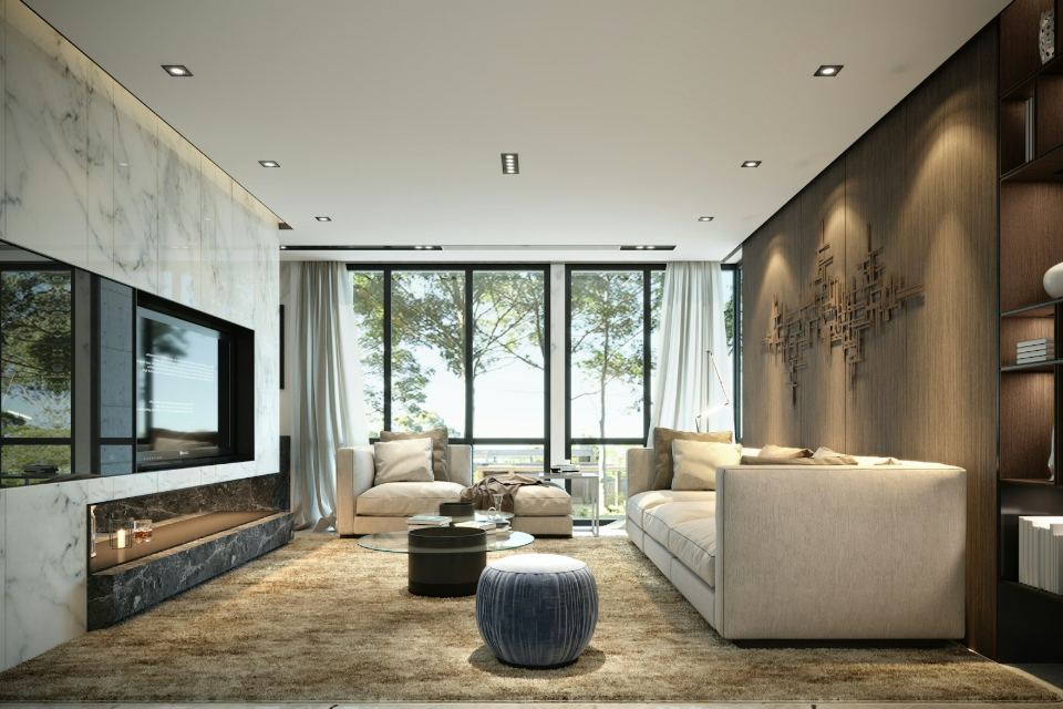 A luxurious contemporary living room interior design featuring a massive white marble media wall, neutral-toned bespoke sofas, and dark wood paneling with decorative metal art, perfect for high-end San Francisco condo interiors in the Mission District area. This sophisticated interior design concept captures the essence of luxury urban living, perfect for premium residences and high-end condo renovations in the San Francisco Bay Area, especially near the Mission District. The room boasts custom features like a dramatic white marble feature wall surrounding the integrated television and a complementary dark wood accent wall with unique metal artwork. The open layout and floor-to-ceiling windows flood the space with natural light, enhancing the plush, neutral furnishings and thick, textured rug, creating an elegant and comfortable retreat.