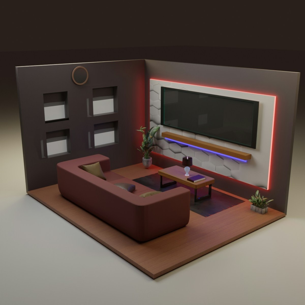 Isometric 3D render of a futuristic and minimalist living room setup featuring a large maroon L-shaped couch, wall-mounted television with red LED accents, and a hexagonal textured wall, illustrating modern interior design concepts perfect for high-tech apartments in the Mission District, San Francisco. This striking 3D rendering exemplifies high-end minimalist interior design, a perfect aesthetic for modern apartments and lofts in dense urban centers like San Francisco. The design highlights smart technology integration, featuring a large screen surrounded by mood-setting LED lighting against a unique hexagonal accent wall. The deep-colored sofa provides a dramatic focal point, making this compact space both functional and visually appealing, ideal for clients seeking sophisticated, space-saving design solutions near the Mission District.