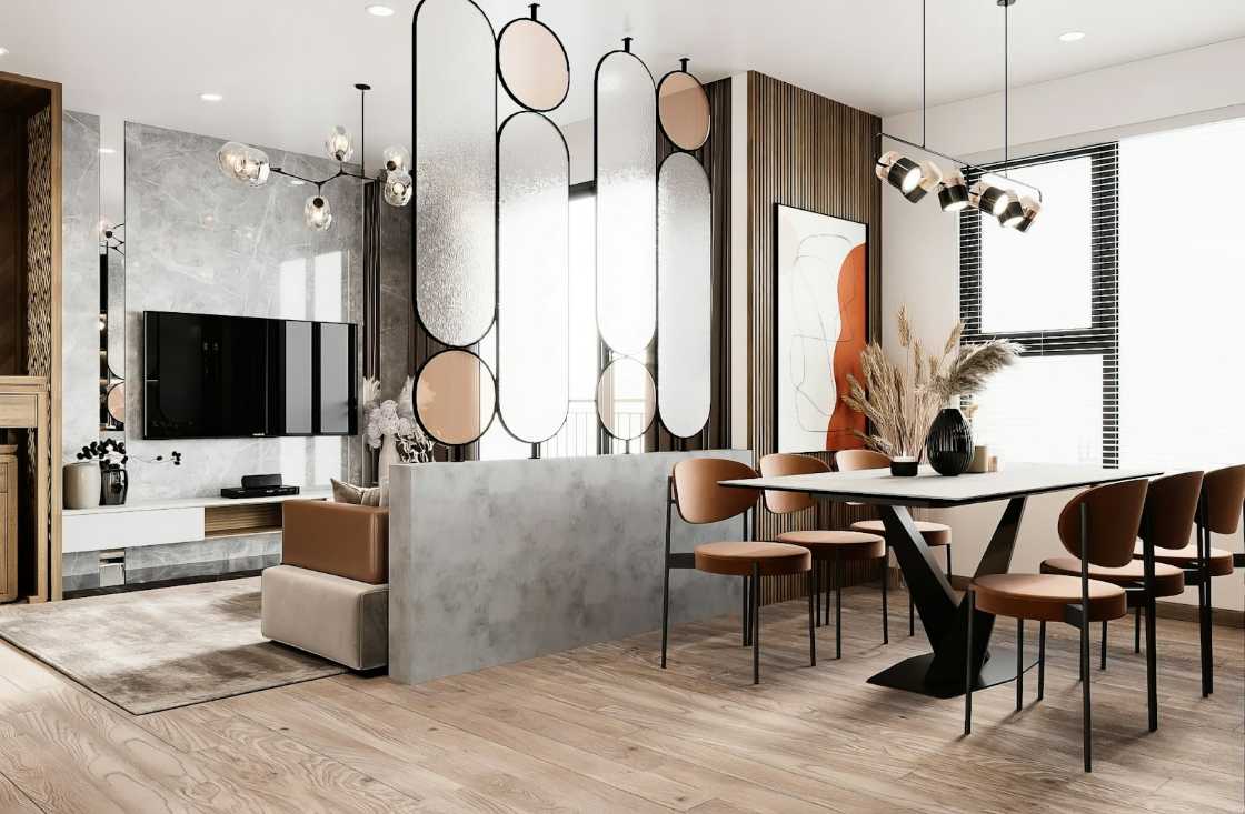 Luxurious open-concept living and dining room interior design featuring a modern abstract mirrored room divider, gray marble TV accent wall, and a large brown velvet dining set, reflecting high-end apartment styling near the Mission District, San Francisco (37.767296, -122.419498). This expertly staged space seamlessly connects the living and dining areas through cohesive contemporary design. Key architectural features include the custom vertical screen dividers, which provide visual separation without sacrificing light, and the textured gray marble wall in the living area. The rich wood flooring and warm tones of the seating create an inviting yet sophisticated atmosphere, ideal for modern urban living in locations like the Mission District of San Francisco.