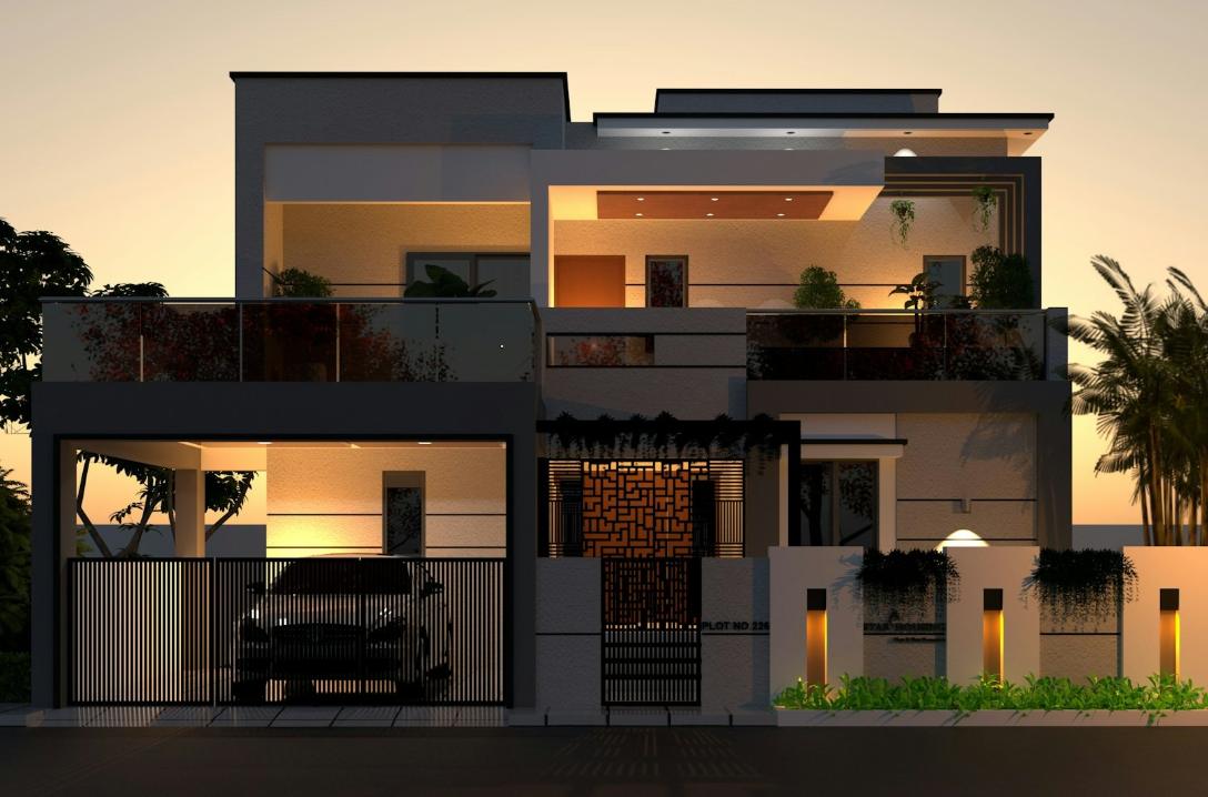 A stunning architectural rendering of a multi-level contemporary luxury villa exterior at sunset, featuring sleek grey and white facades, extensive ambient lighting, glass balcony railings, and a closed integrated garage gate suitable for modern development projects in the San Francisco Bay Area. This digital rendering captures the essence of luxury modern living, presenting a multi-story villa with dramatic lighting effects emphasizing the structure's sharp, contemporary architecture. The design includes premium features such as a covered garage, private balconies with decorative privacy screens, and minimalist landscaping. This visualization serves as an excellent example for architects and builders looking to create high-value, modern residential properties that appeal to the discerning homeowners of San Francisco.