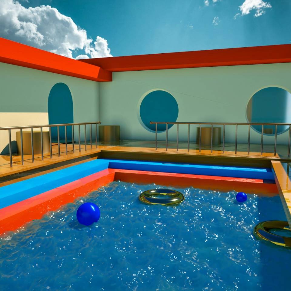Highly stylized 3D render of a brightly colored rooftop pool deck with red and blue accents, featuring floating blue balls and gold rings, set against a bright blue sky with clouds. This surreal, contemporary architectural concept reflects modern design trends seen near the Mission District, San Francisco, California. This striking piece of digital art captures a vibrant, almost vaporwave-inspired architectural space. The design features an elevated pool area with intense blue water, complemented by bold red and blue steps, and simple geometric wall cutouts under a brilliant sky. Whether conceptualizing a luxury amenity or showcasing abstract design principles, this image evokes the cutting-edge artistic atmosphere prevalent in the Mission District and surrounding neighborhoods of San Francisco.