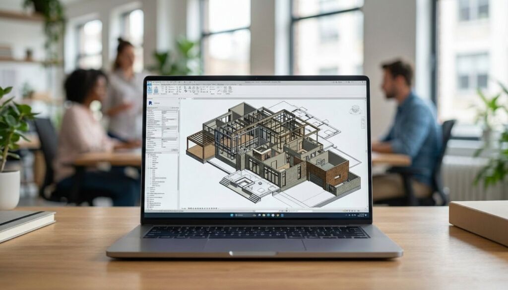 Laptop displaying a detailed 3D architectural BIM model of a modern house, suggesting the process of choosing an architect for a dream home.