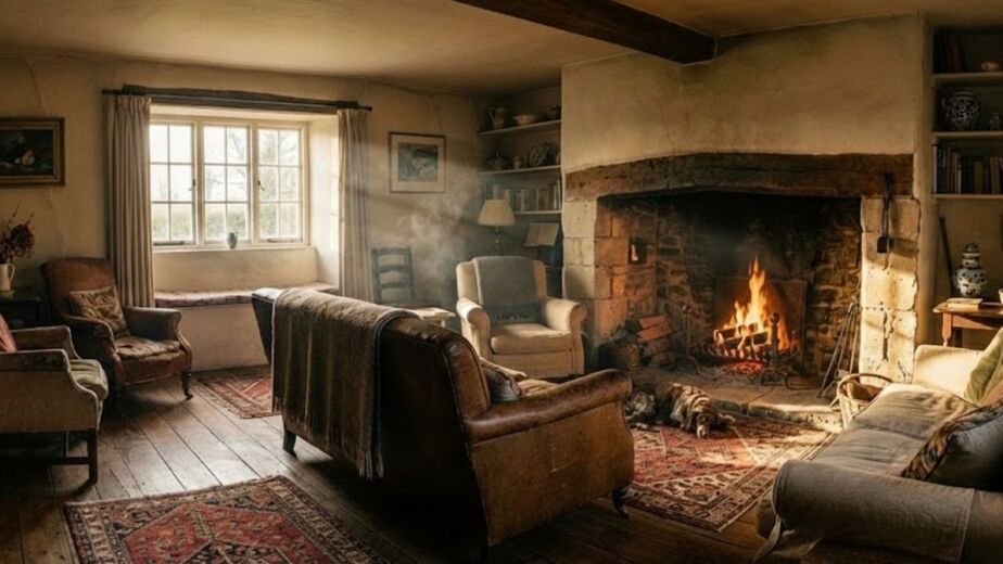 Warm and rustic cottage living room featuring a roaring stone fireplace, antique upholstered furniture, wood floors, and a dog resting on a rug.