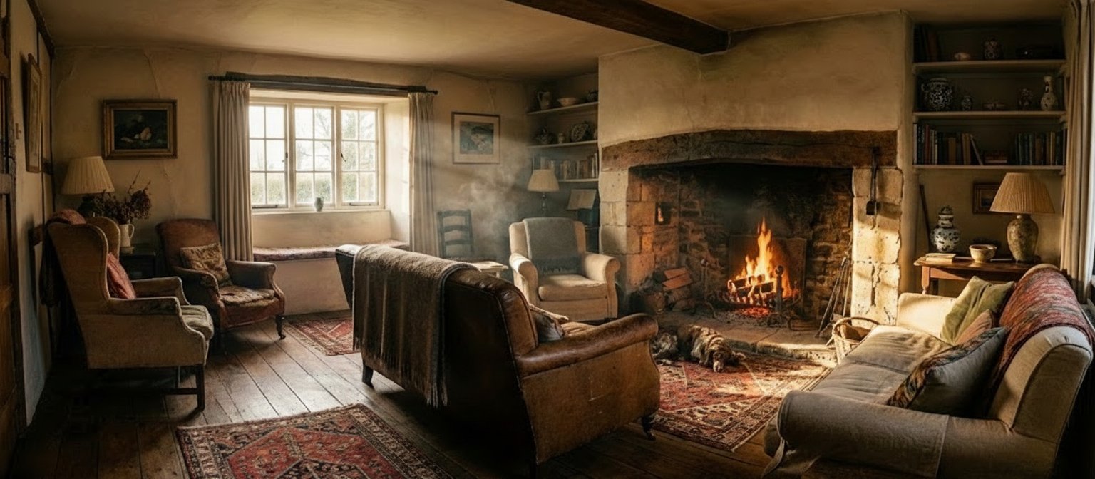 Warm and rustic cottage living room featuring a roaring stone fireplace, antique upholstered furniture, wood floors, and a dog resting on a rug.
