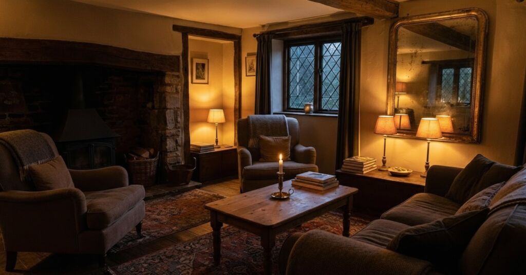 A warmly lit, rustic cottage living room featuring exposed wood beams, plush upholstered chairs, a wood stove fireplace, and an antique mirror.