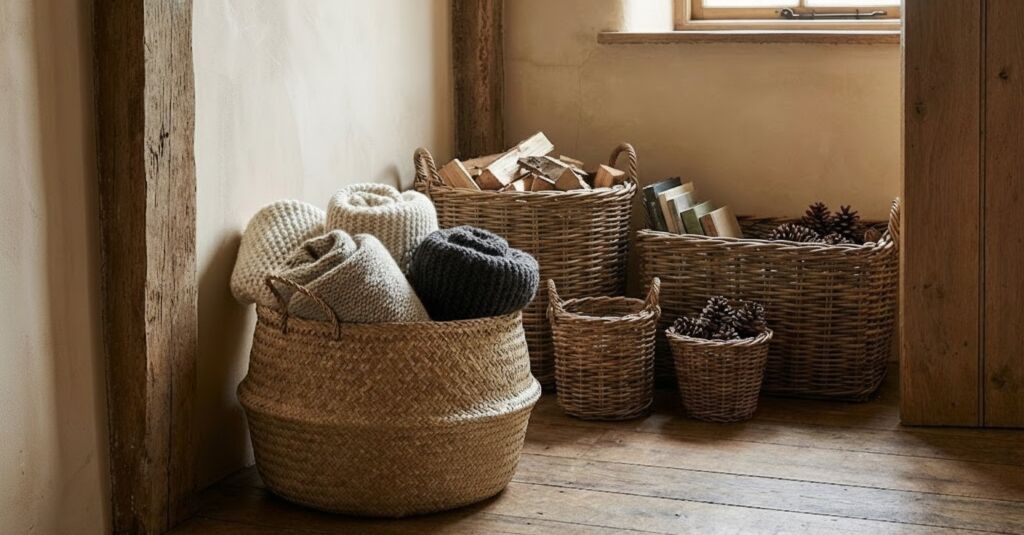 Group of natural woven storage baskets holding knit blankets, firewood logs, books, and pinecones in a rustic cottage interior.