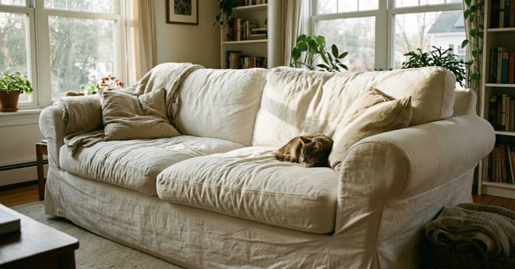 Light-filled cottage living room featuring a large, neutral slipcovered sofa with throw pillows and a cat sleeping peacefully.