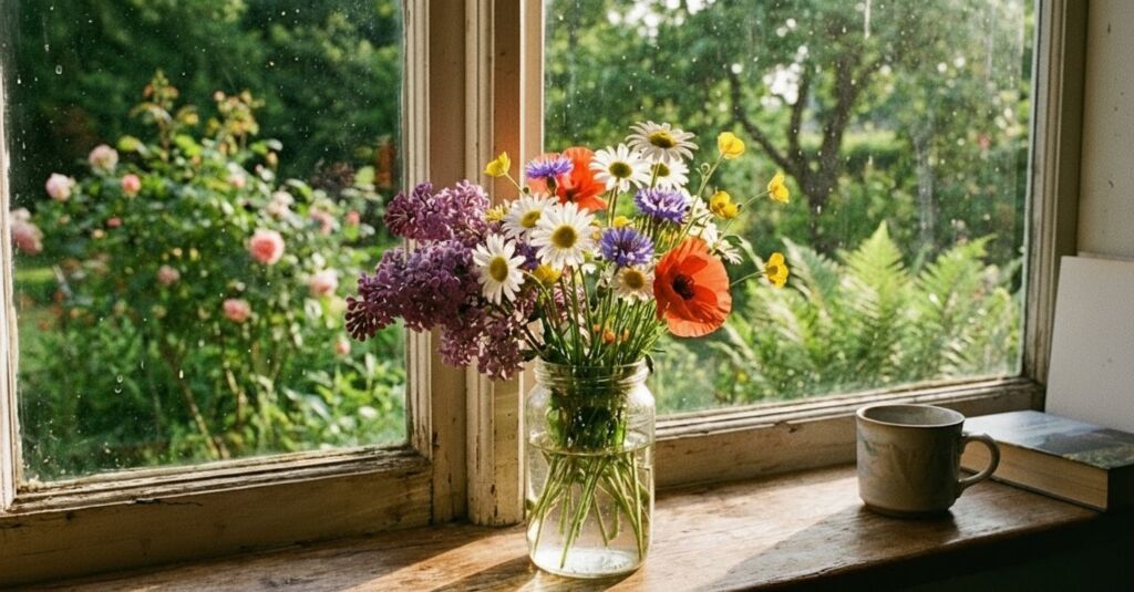 A rustic wooden windowsill holds a colorful bouquet of wildflowers and lilacs in a jar next to a ceramic mug, backlit by a lush garden.