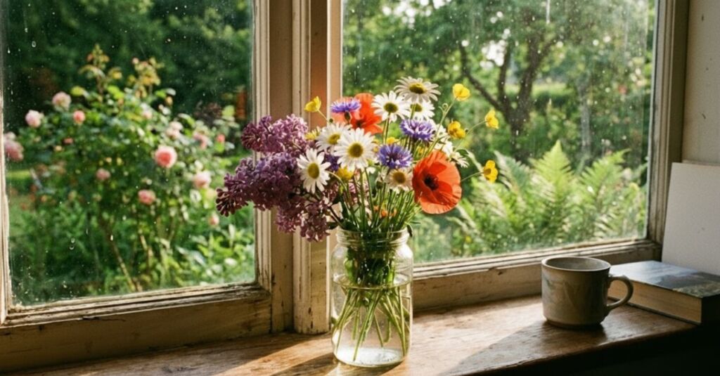 A vibrant bouquet of wildflowers, including daisies, lilacs, and poppies, sits on a rustic wooden windowsill next to a coffee mug, overlooking a lush green garden.