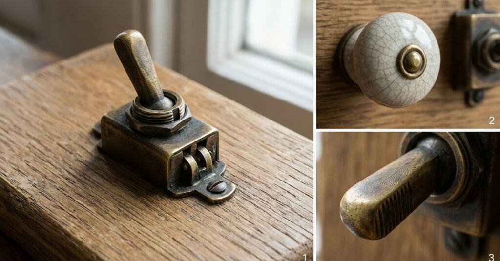 Close-up collage of rustic cottage hardware: an aged brass toggle light switch on wood and a cracked ceramic cabinet knob.