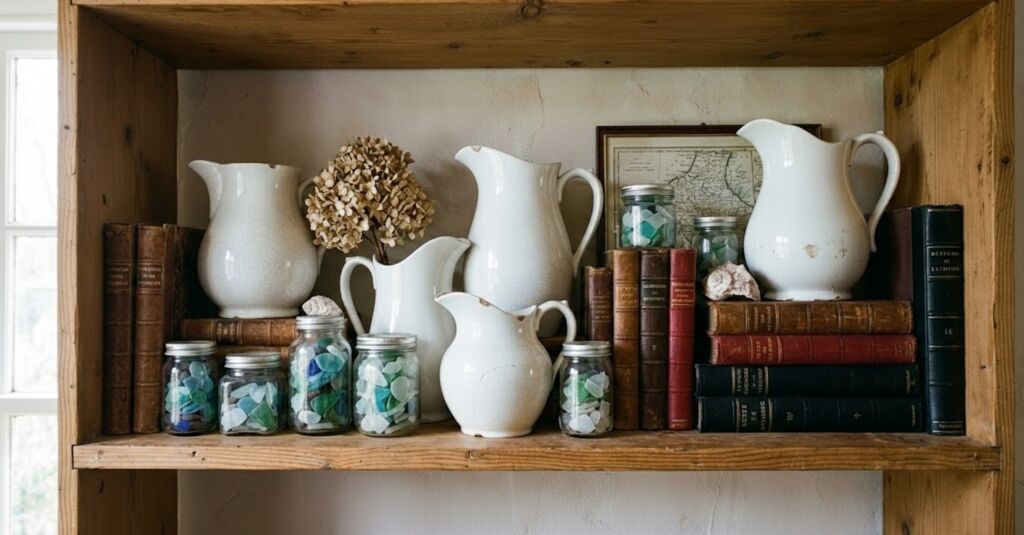 Close-up of a rustic wooden shelf holding vintage white pitchers, jars of blue sea glass, old leather books, and a dried flower.