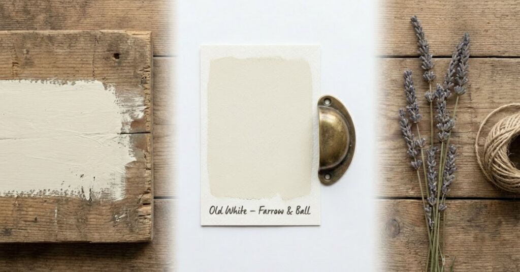 Farrow & Ball Old White paint swatch, painted wood sample, brass cup pull, and lavender on a rustic wood surface.