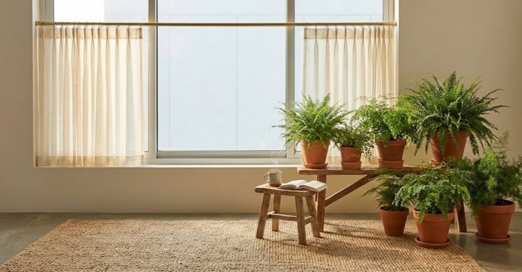 Cozy reading nook by a large window with sheer curtains, featuring multiple potted ferns, a jute rug, and a rustic stool with a book and steaming mug.