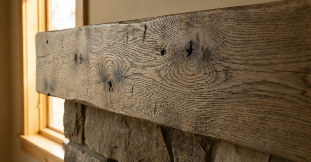 Close-up of a thick, rustic reclaimed wood beam serving as a fireplace mantel, featuring prominent wood grain and knots, set above a natural stone wall.