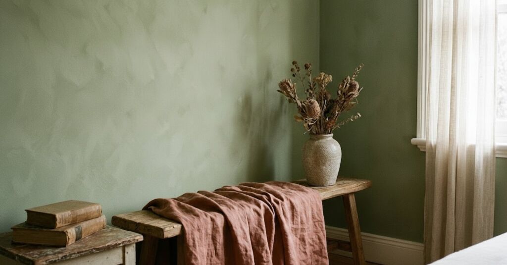 Rustic cottage interior featuring a sage green textured wall, a wooden bench, dried flowers in a vase, and sheer window curtains.