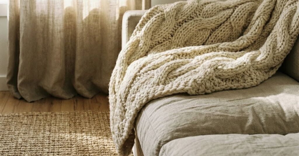 Close-up of a chunky cream cable-knit throw blanket draped over a beige linen sofa, set against natural linen curtains and a jute rug.