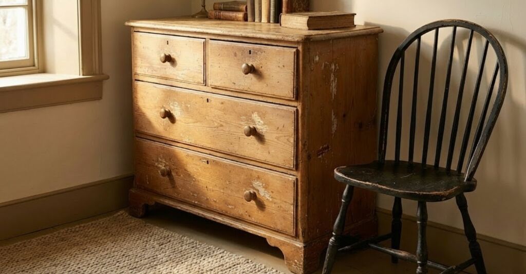 Vintage wooden chest of drawers and a distressed black Windsor chair sitting on a woven rug near a sunlit window.