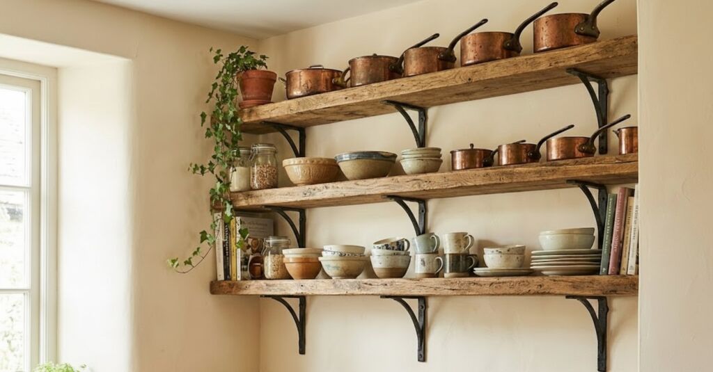 Three rustic wood shelves featuring vintage copper pots, stoneware bowls, and cookbooks in a bright cottage kitchen interior.