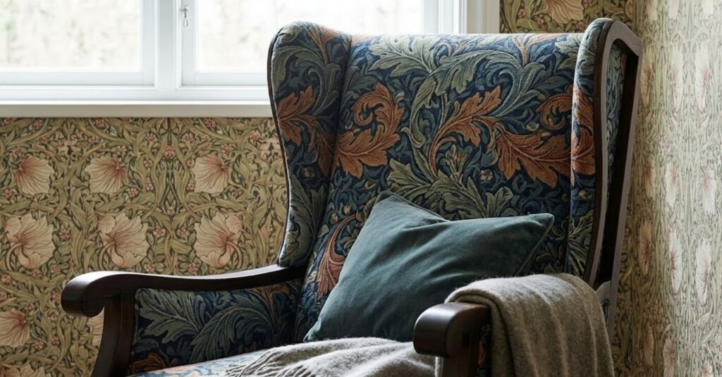 Close-up of a traditional wingback armchair upholstered in dark floral/leaf pattern fabric, set against light botanical wallpaper.