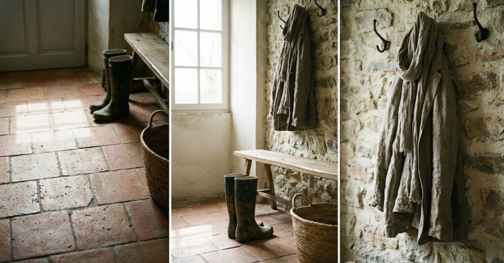 Rustic cottage mudroom featuring stone walls, terracotta tiles, a wooden bench, rubber boots, and a linen jacket hanging on metal hooks.