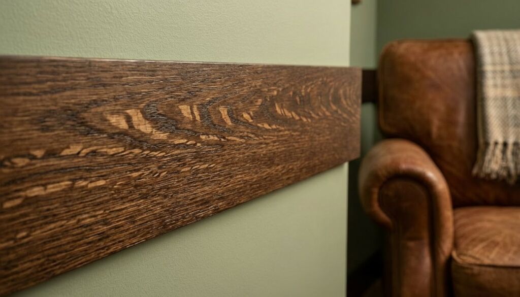 Close-up detail of dark stained quarter-sawn oak molding against a sage green wall, near a blurred brown leather chair.
