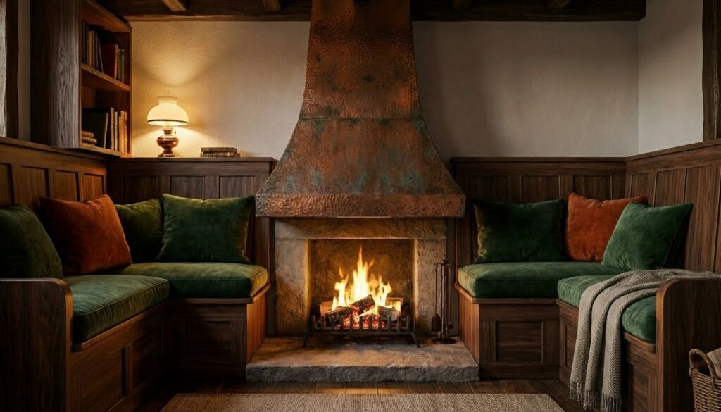 Cozy Craftsman living room featuring built-in wood seating, deep green velvet cushions, and a stone fireplace with a hammered copper hood.