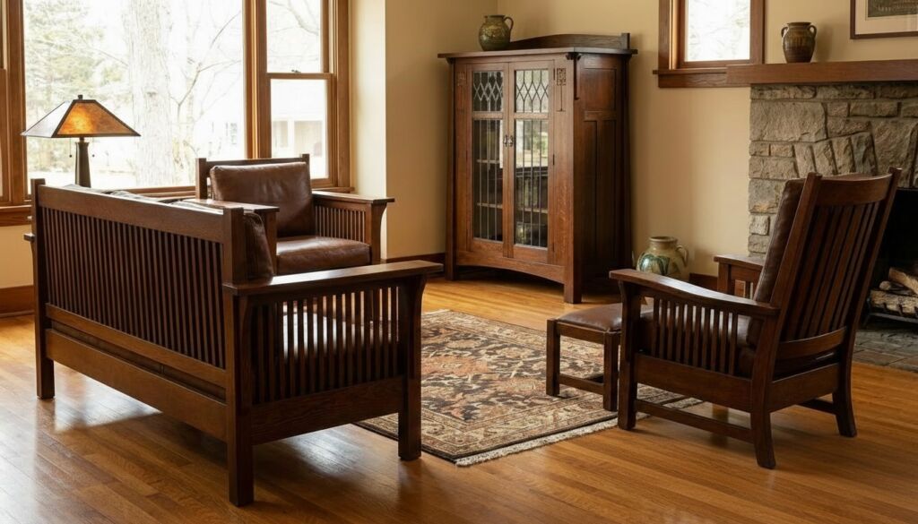 Warm Craftsman living room featuring dark oak Mission furniture, brown leather cushions, stone fireplace, and leaded glass cabinet.