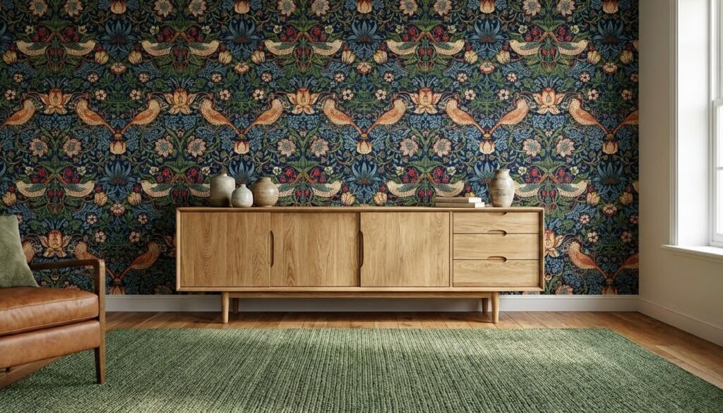 Light oak sideboard cabinet against dark blue Arts and Crafts wallpaper with intricate bird and floral pattern. Green area rug and leather chair.