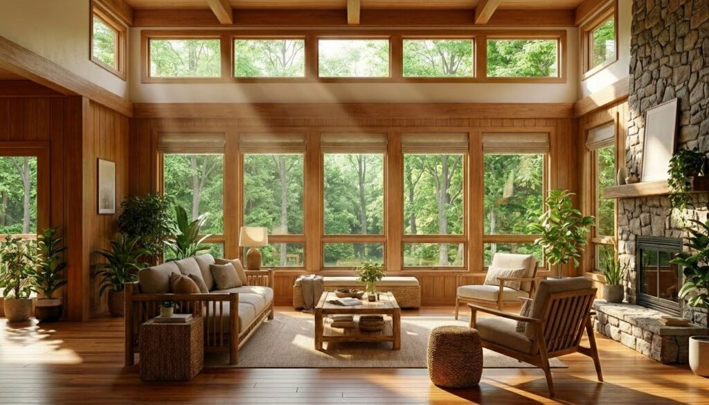 Warm Craftsman style living room featuring wood paneling, large windows overlooking a forest, a stone fireplace, and Mission-style wooden furniture.