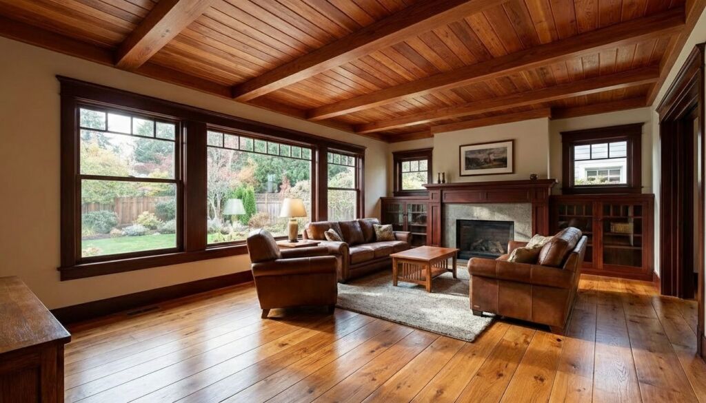 Cozy Craftsman living room featuring brown leather seating, hardwood floors, extensive dark wood trim, beamed ceiling, and stone fireplace.