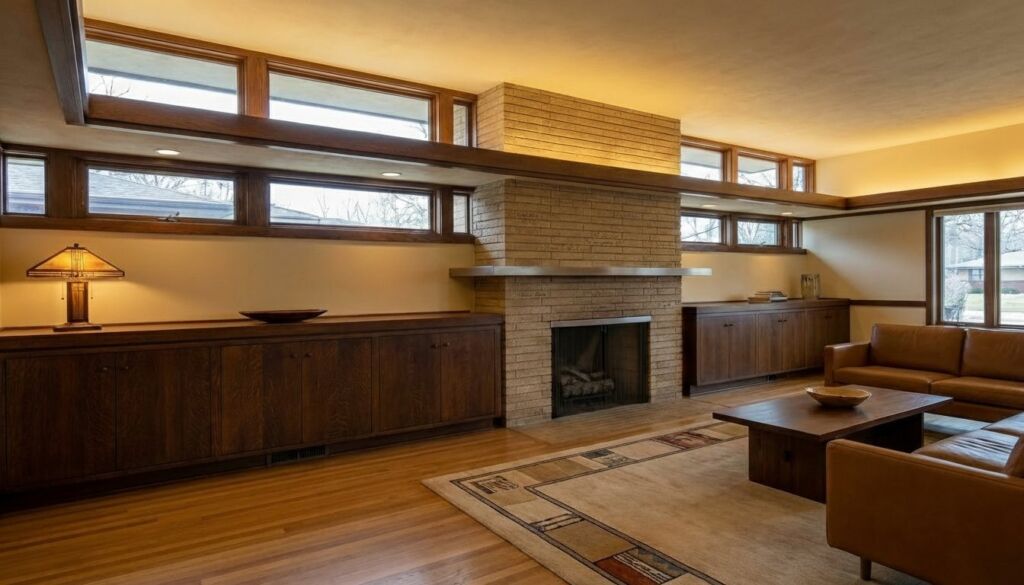 Interior view of a Craftsman living room featuring extensive dark wood built-in cabinets, a central stacked brick fireplace, and brown leather seating.