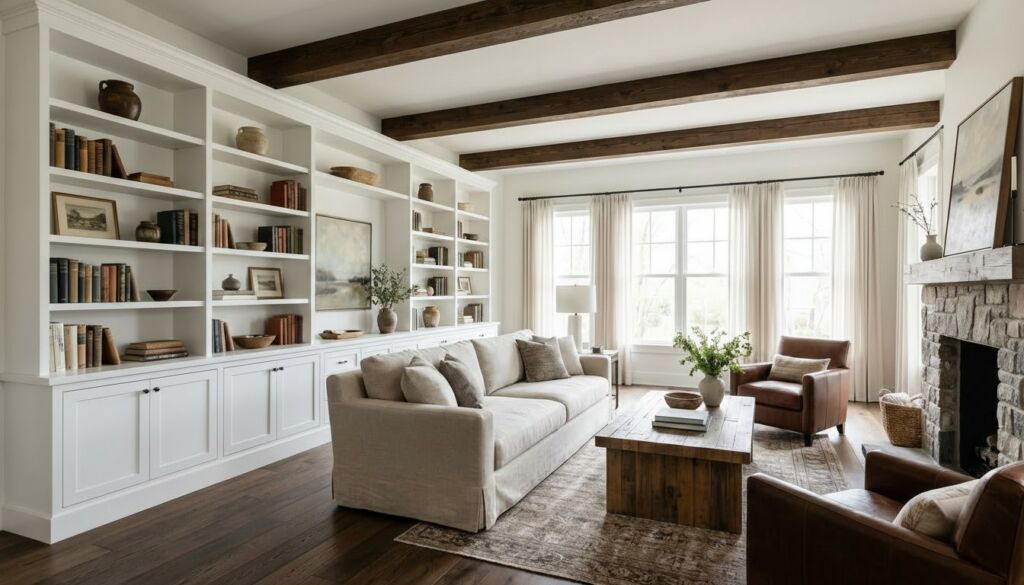Elegant craftsman living room featuring white built-in bookshelves, dark ceiling beams, a stone fireplace, and neutral furniture.