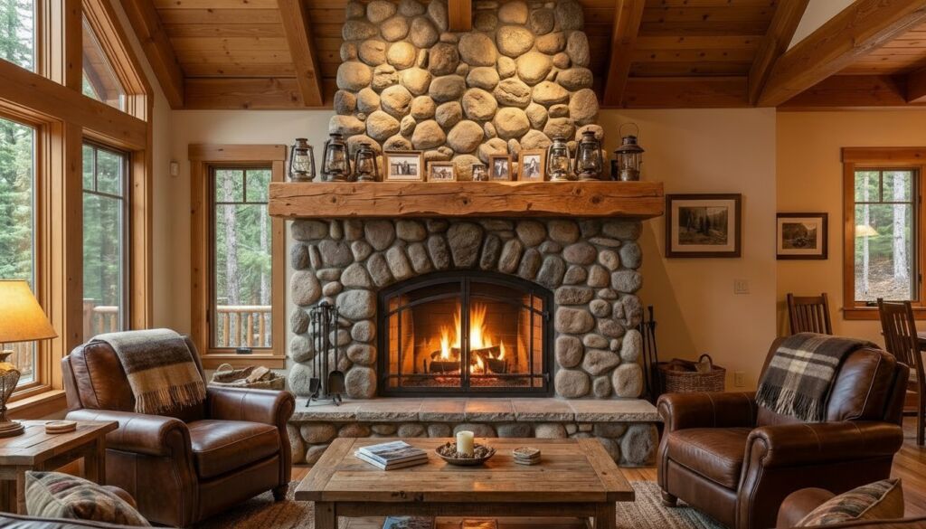 Rustic lodge living room featuring a massive river stone fireplace, exposed wood beams, and two plush brown leather armchairs.