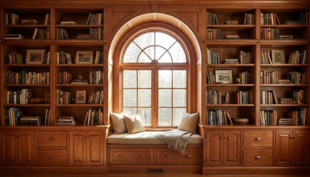 Custom built-in Craftsman style wood bookcases flanking an arched window seat with plush pillows and natural light.
