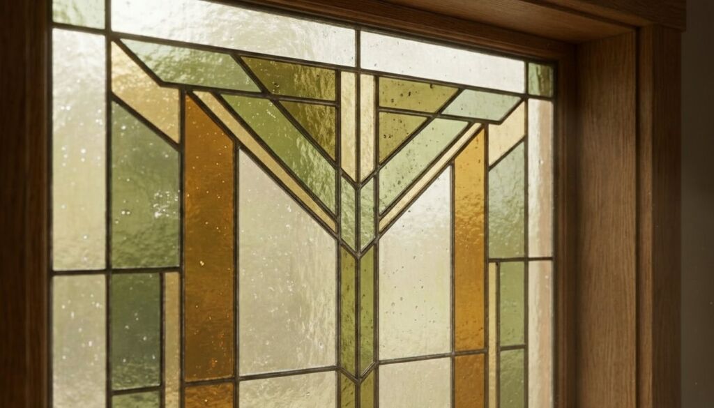 Geometric Craftsman style stained glass window detail featuring mottled amber, sage green, and clear textured glass panels.