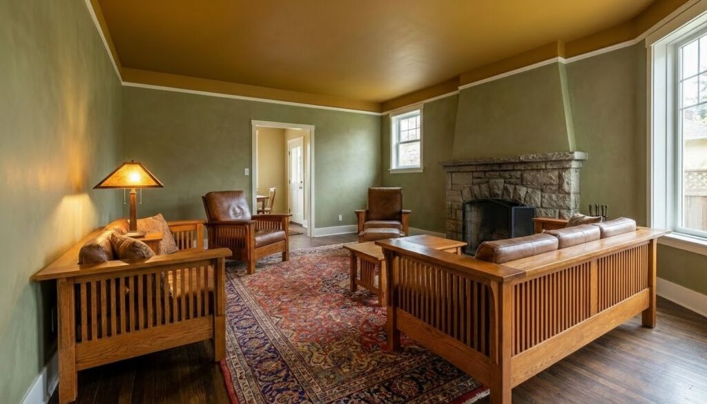 Warm Craftsman living room featuring slatted oak Mission furniture, leather chairs, a stone fireplace, and sage green walls.