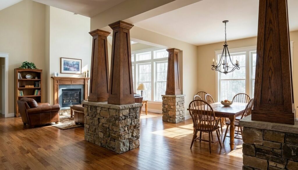 Open concept Craftsman living room and dining room separated by large stone and tapered wood columns.