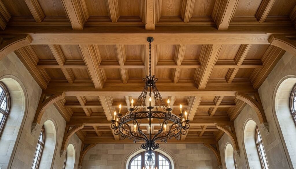Detailed view of a grand Craftsman style wood coffered ceiling with heavy oak beams, illuminated by a large wrought iron chandelier, set against stone arched windows.