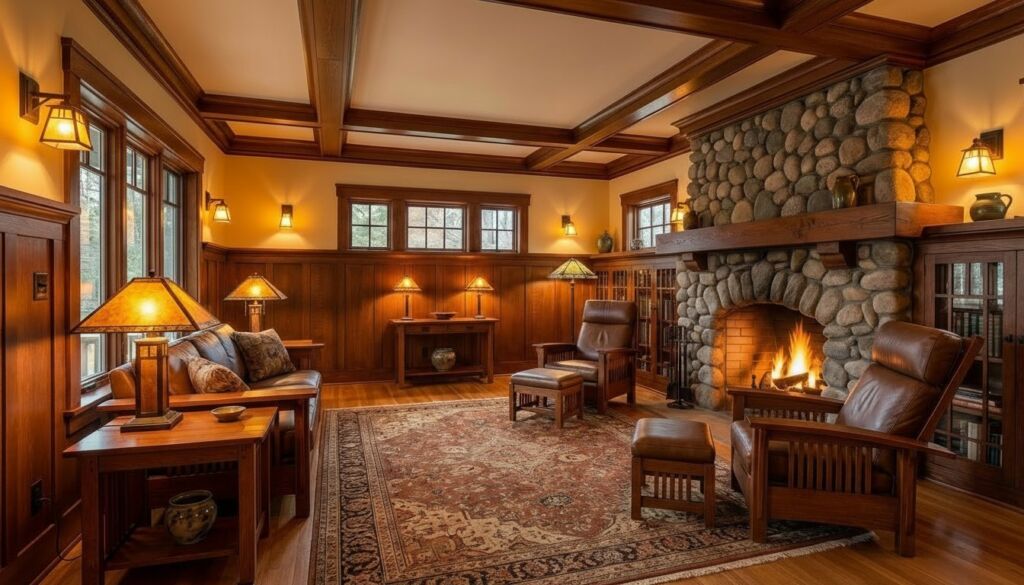 Warm, luxurious Craftsman living room featuring extensive dark wood paneling, a massive river stone fireplace, leather seating, and period lighting.