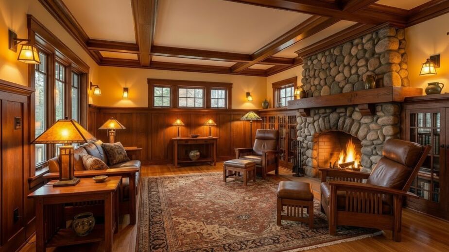 Warm, luxurious Craftsman living room featuring extensive dark wood paneling, a massive river stone fireplace, leather seating, and period lighting.