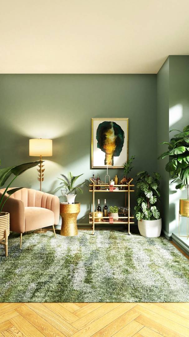 Luxurious Mission District living room interior featuring sage green walls, a pink velvet channel-tufted armchair, a brass floor lamp, and a gold bar cart accented by large tropical houseplants, set above a plush green area rug on herringbone wood floors in San Francisco. Transform your urban sanctuary with this eclectic and glamorous interior design concept, frequently seen in upscale San Francisco apartments. The space showcases dramatic sage green wall color complemented by a soft pink velvet armchair and abundant indoor plants, creating a tranquil yet vibrant atmosphere. The gold leaf floor lamp and sophisticated bar cart add a touch of art deco luxury, making this room an ideal blend of comfort and style for any Mission District home renovation project.