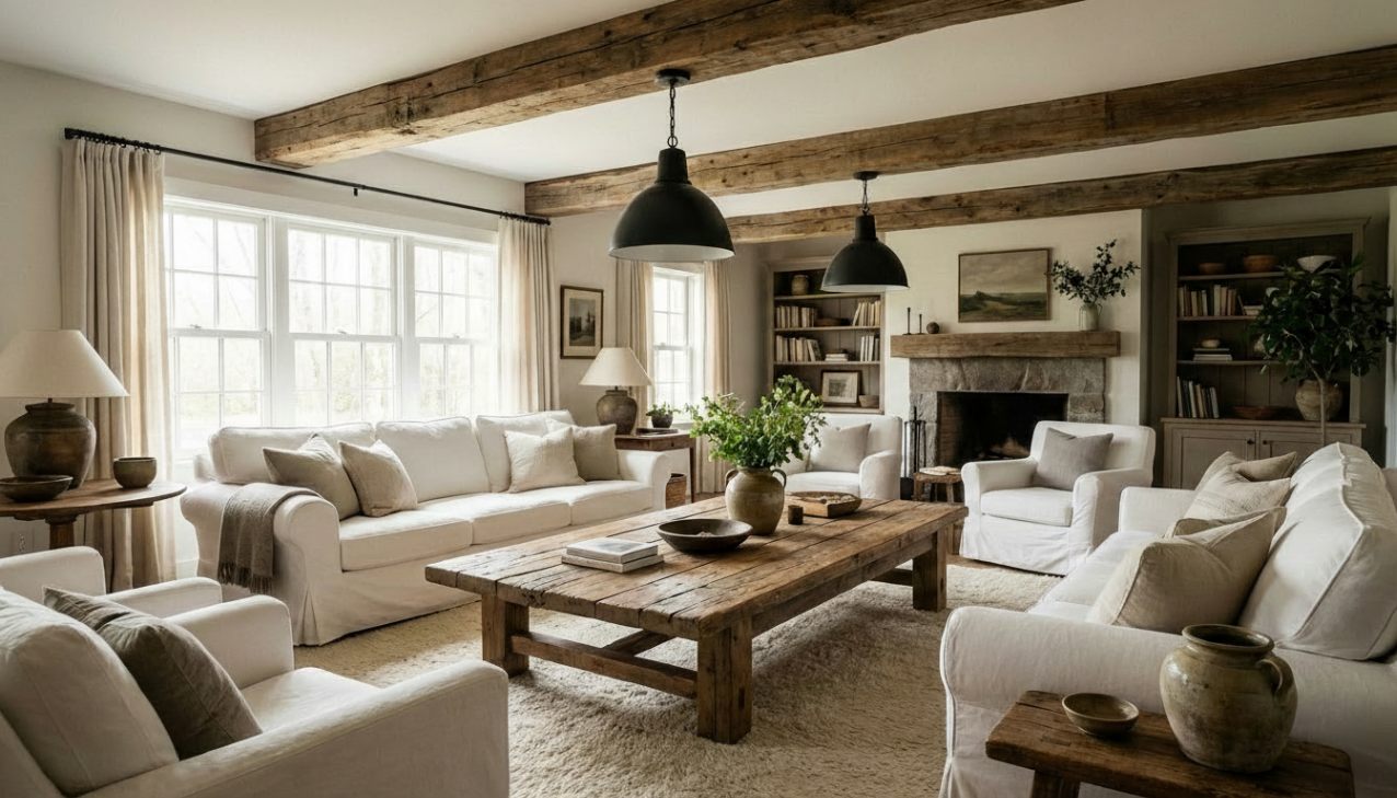 Bright farmhouse living room featuring white slipcovered furniture, exposed rustic wood ceiling beams, and a large reclaimed wood coffee table.