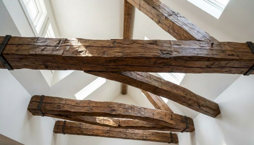 Close-up of massive, distressed wooden beams secured with dark metal strapping against a bright white vaulted ceiling with multiple skylights.