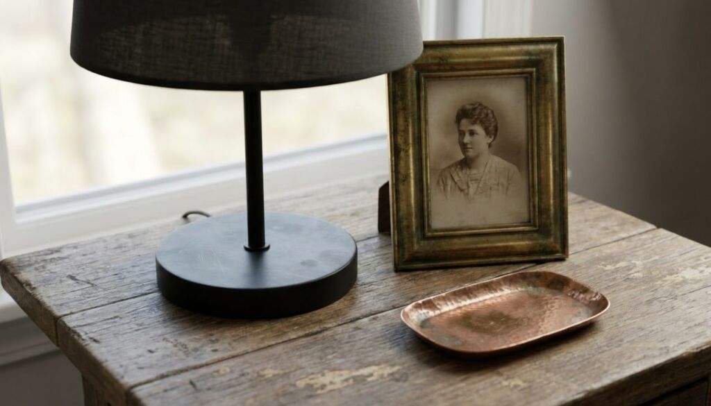 Close-up of rustic farmhouse side table featuring a black lamp, vintage framed photo, and small hammered copper dish near a window.