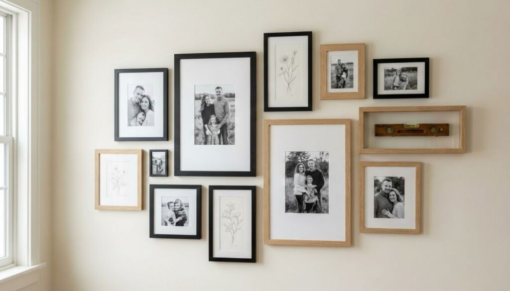A carefully curated farmhouse gallery wall featuring an assortment of black and natural oak frames displaying black and white family photos and botanical art.